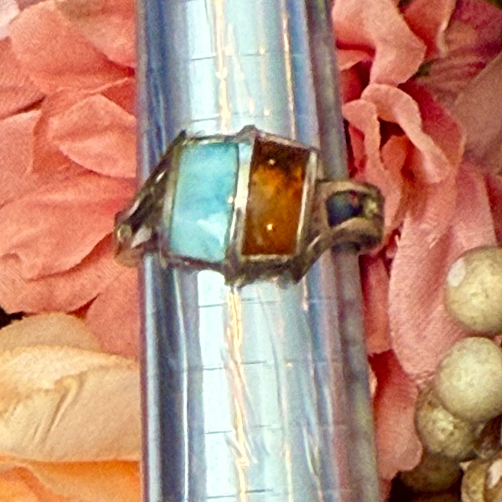 Authentic Dominican Handcrafted Larimar and Amber Ring - Picture 2 of 10